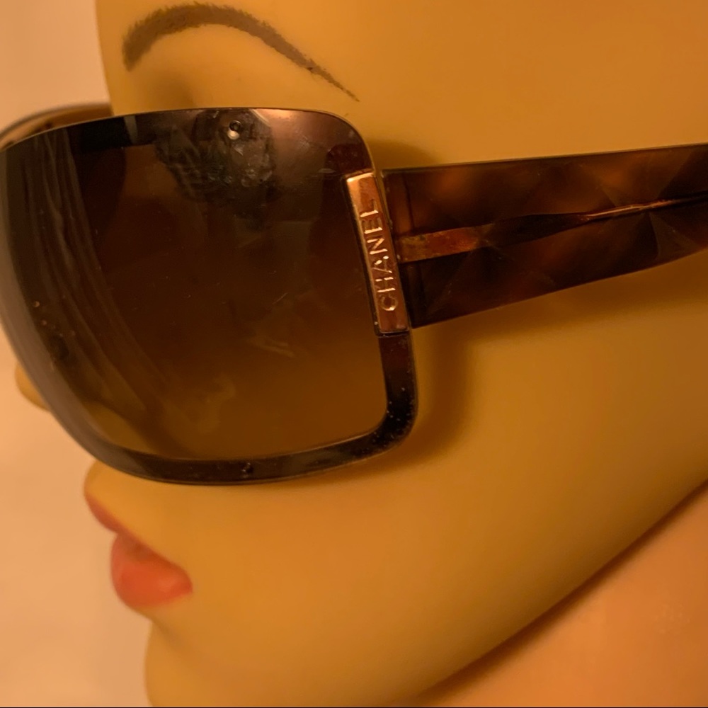 3) CHANEL gold & tortoise shell wrap shield sunglasses with case
